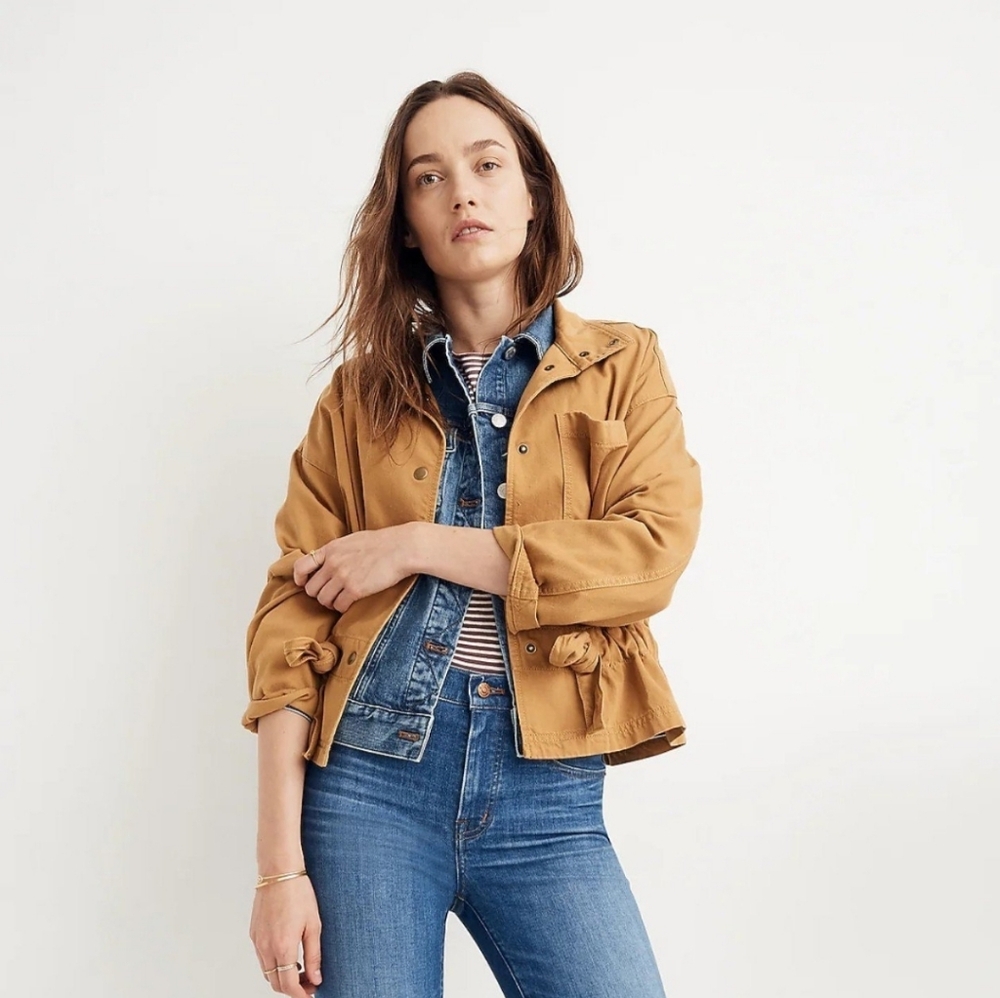 Madewell Southlake Military Jacket Womens Mustard Snap Button Tie Waist SZ Small